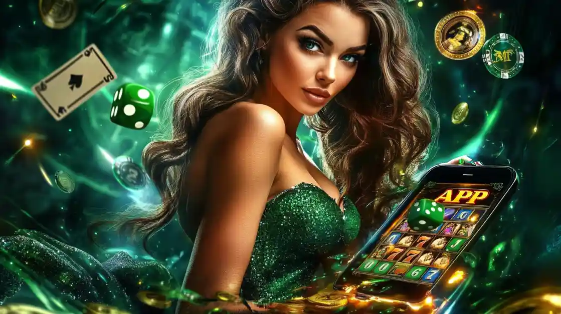 An enchanting woman with flowing hair, adorned in green, gazes captivatingly, surrounded by floating cards, dice, and coins, alongside a smartphone featuring the G777 gaming app.