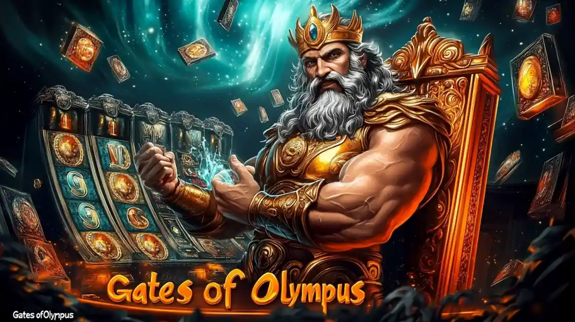 A majestic Zeus figure on a golden throne, surrounded by floating cards and a G777 slot machine, with Gates of Olympus prominently displayed, inviting players to a mythical gaming experience.