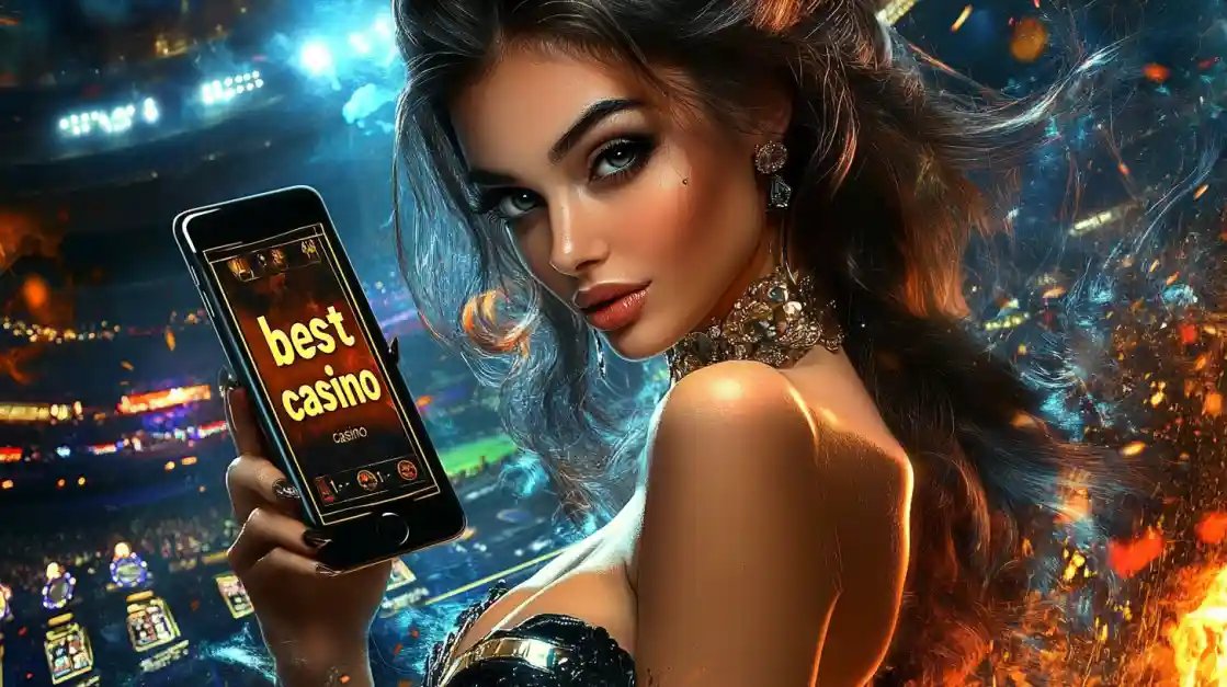 An alluring woman holds a smartphone with the best casino app from G777 glowing on the screen, set against the backdrop of a brightly lit stadium and ambient flames.