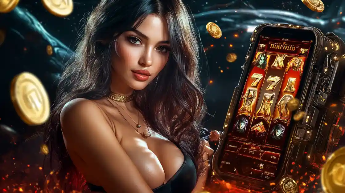 A beautiful woman in a black top looks confidently at the viewer while holding a smartphone displaying a G777 mobile slot game with 777 symbols and golden coins.